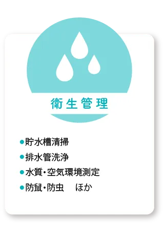 衛生管理：貯水槽清掃、排水管洗浄、水質・空気環境測定、防鼠・防虫ほか